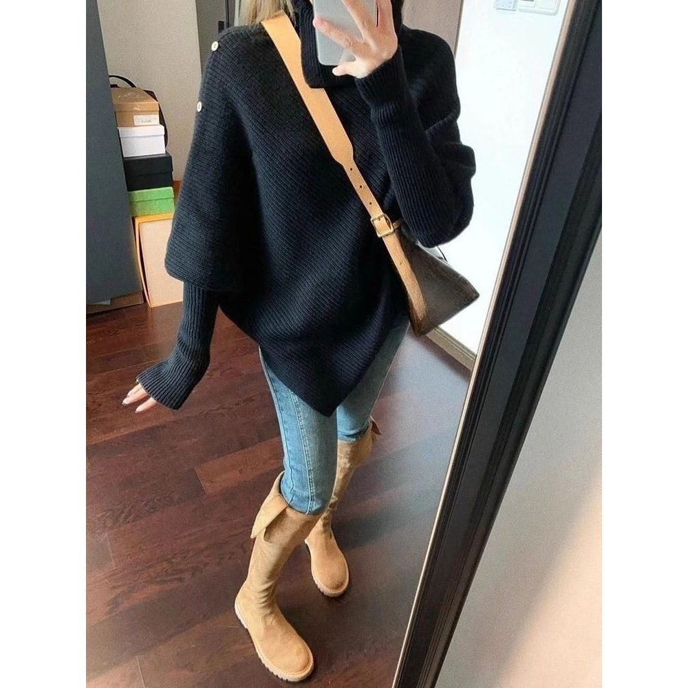 2000s Korean Fashion Slim Batwing Sweater Y2K Subculture Pure Color Pullover For Autumn Winter 10
