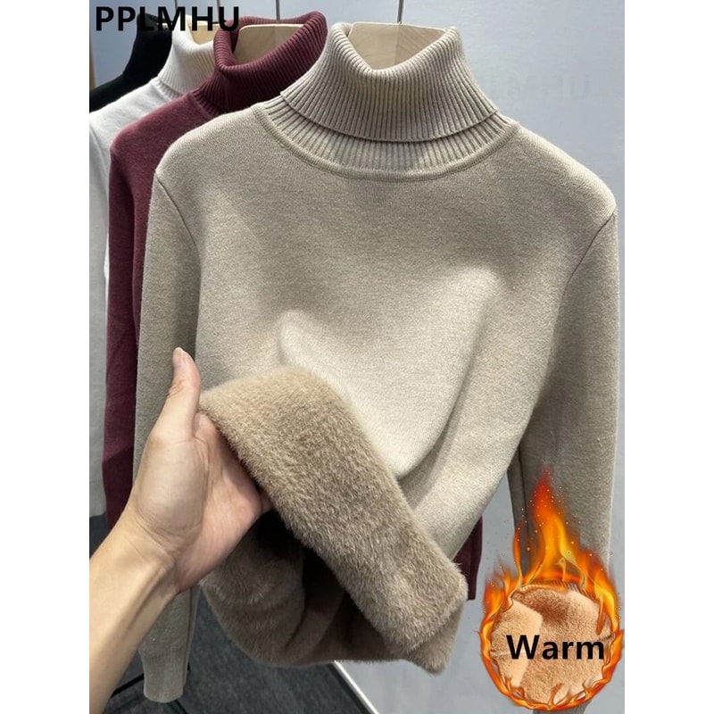 Thicken Velvet Turtleneck Sweater Korean Fashion Lined Warm Knitted Pullover Winter Jersey Jumper 0
