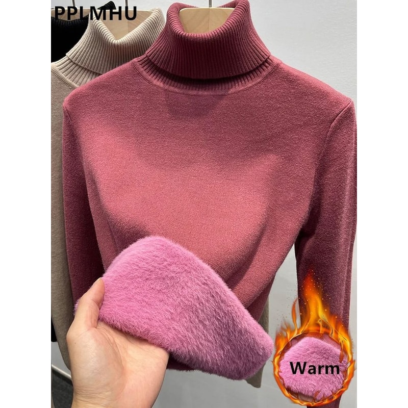 Thicken Velvet Turtleneck Sweater Korean Fashion Lined Warm Knitted Pullover Winter Jersey Jumper 1
