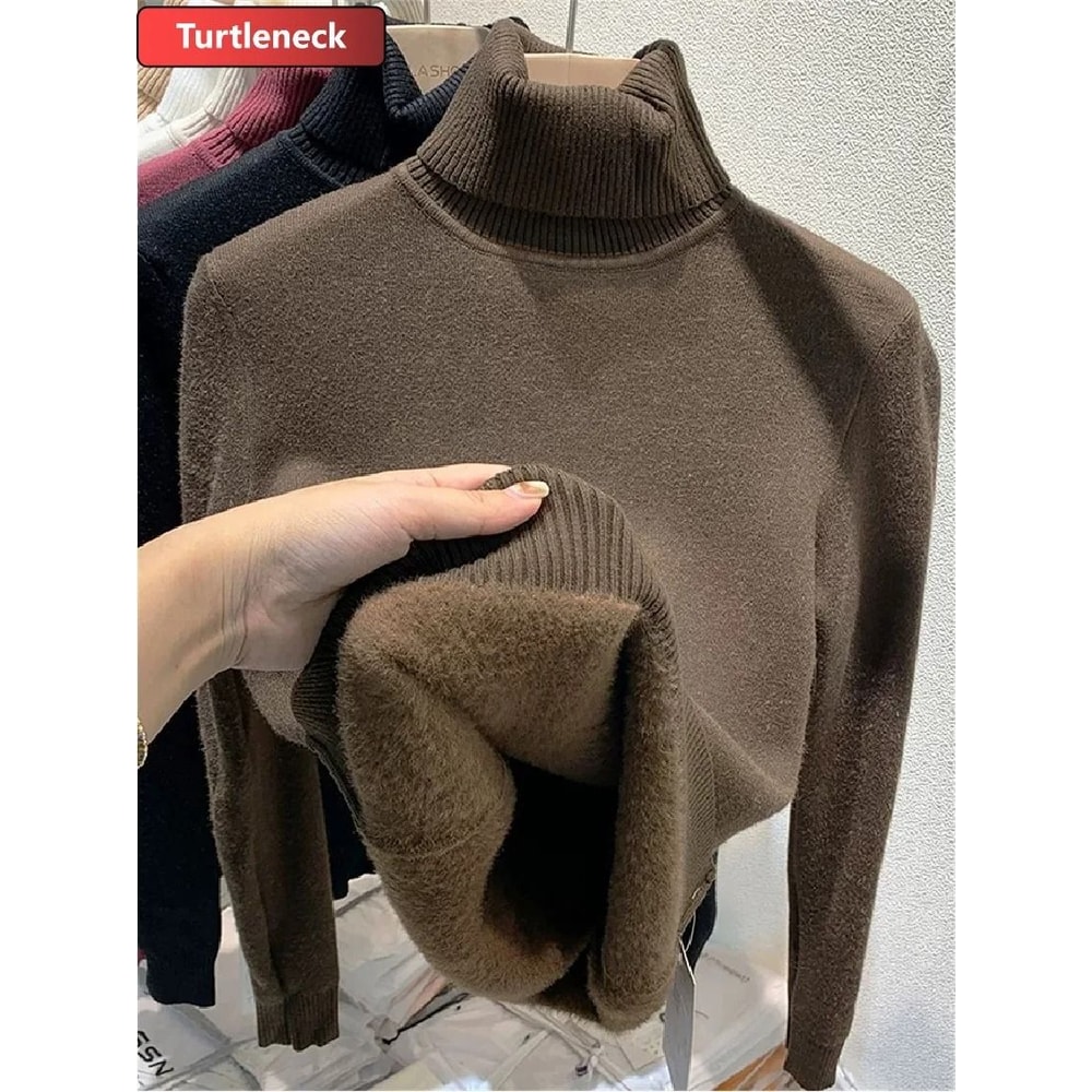 Thicken Velvet Turtleneck Sweater Korean Fashion Lined Warm Knitted Pullover Winter Jersey Jumper 6