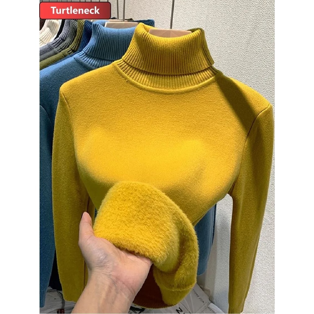 Thicken Velvet Turtleneck Sweater Korean Fashion Lined Warm Knitted Pullover Winter Jersey Jumper 10