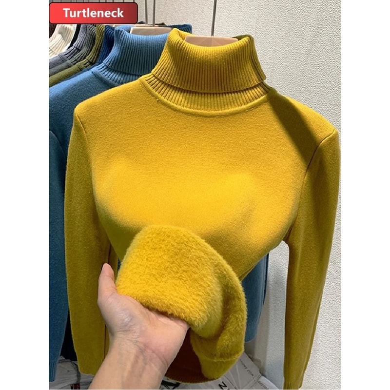 Thicken Velvet Turtleneck Sweater Korean Fashion Lined Warm Knitted Pullover Winter Jersey Jumper 10
