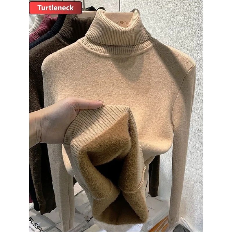 Thicken Velvet Turtleneck Sweater Korean Fashion Lined Warm Knitted Pullover Winter Jersey Jumper 11