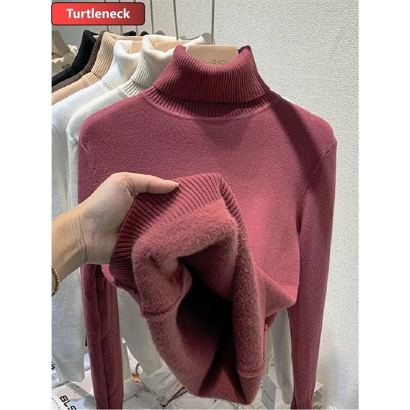Thicken Velvet Turtleneck Sweater Korean Fashion Lined Warm Knitted Pullover Winter Jersey Jumper 14