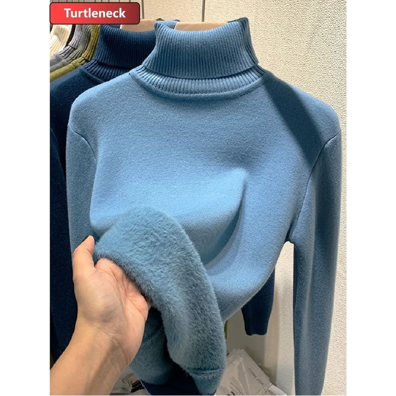 Thicken Velvet Turtleneck Sweater Korean Fashion Lined Warm Knitted Pullover Winter Jersey Jumper 15