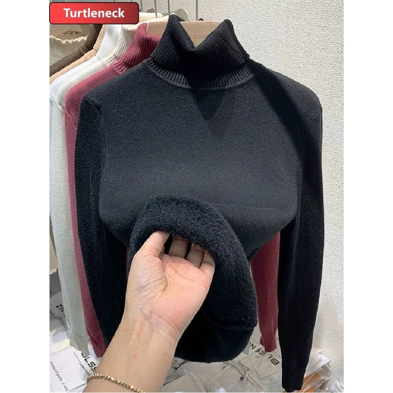 Thicken Velvet Turtleneck Sweater Korean Fashion Lined Warm Knitted Pullover Winter Jersey Jumper 8