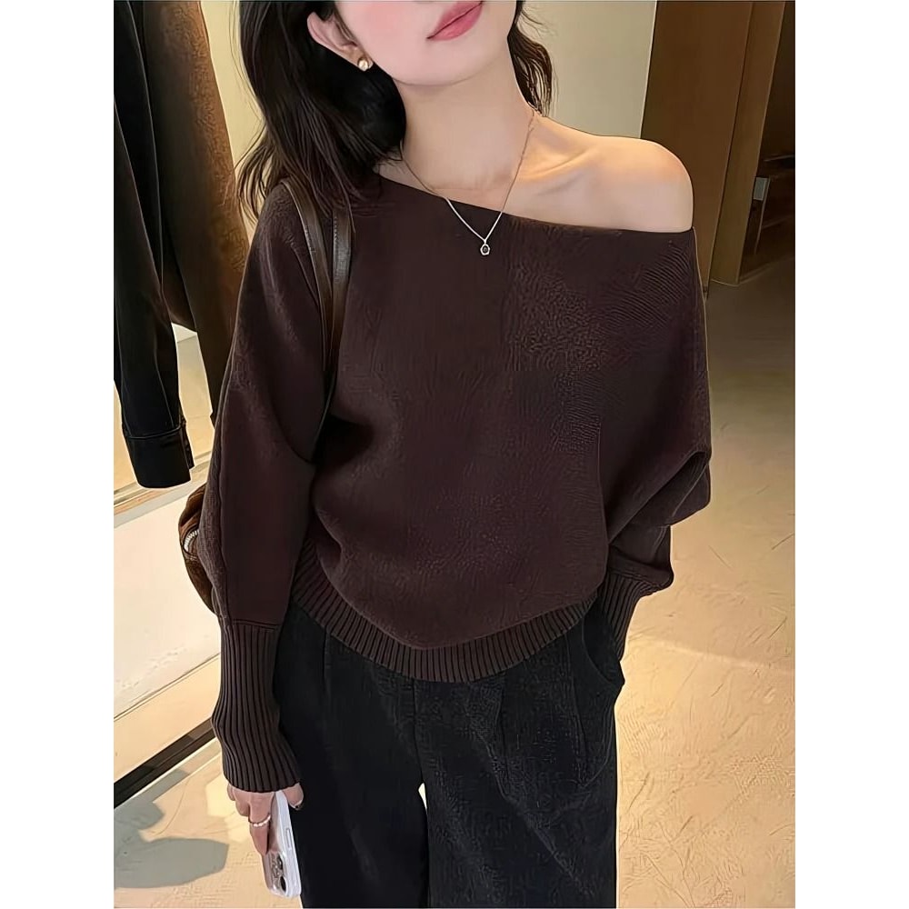 300g Thick Batwing Long Sleeve Pullover Korean Fashion OffShoulder Sweater Loose Autumn Outwear 10