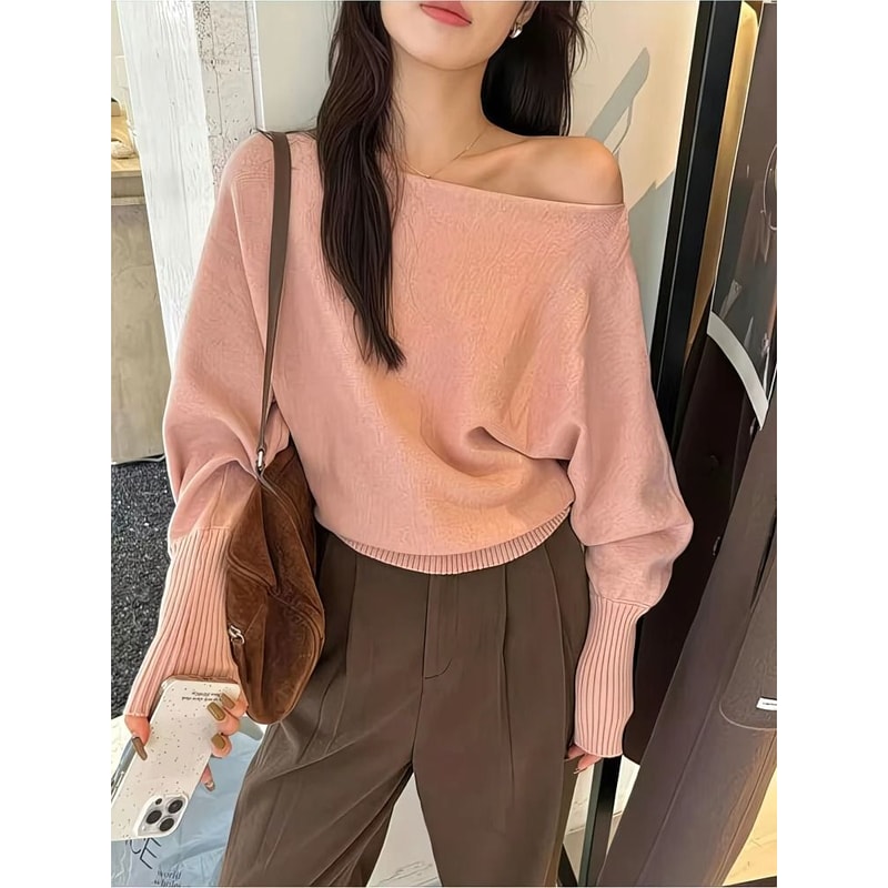 300g Thick Batwing Long Sleeve Pullover Korean Fashion OffShoulder Sweater Loose Autumn Outwear 5