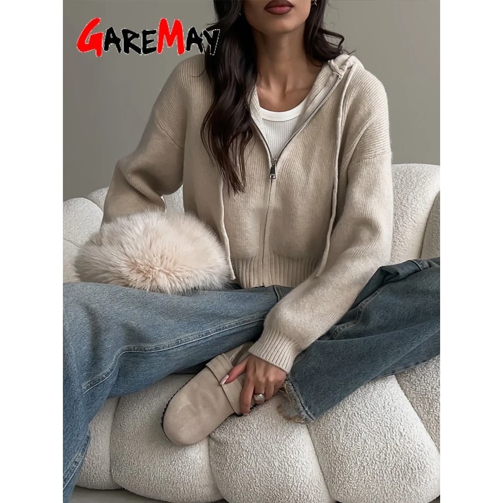 Autumn Hooded Short Cardigan ZipUp Knitted Winter Sweater For Women 0