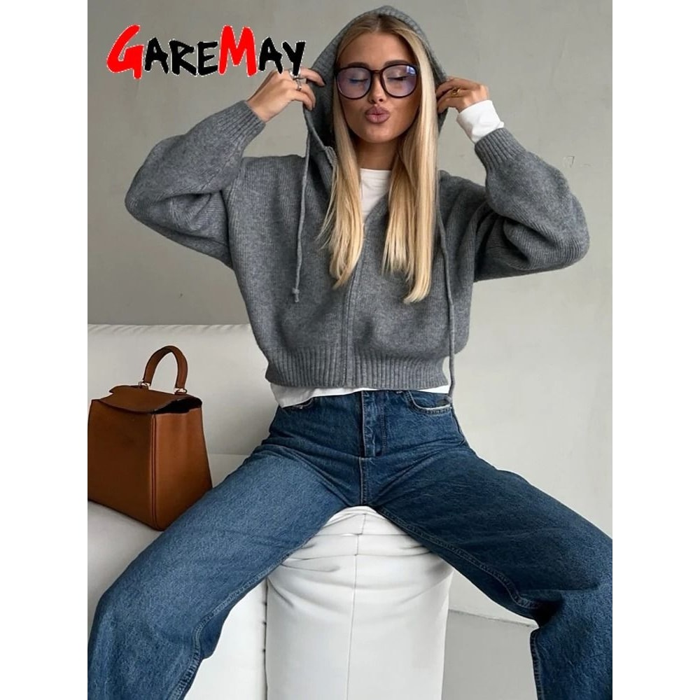 Autumn Hooded Short Cardigan ZipUp Knitted Winter Sweater For Women 3