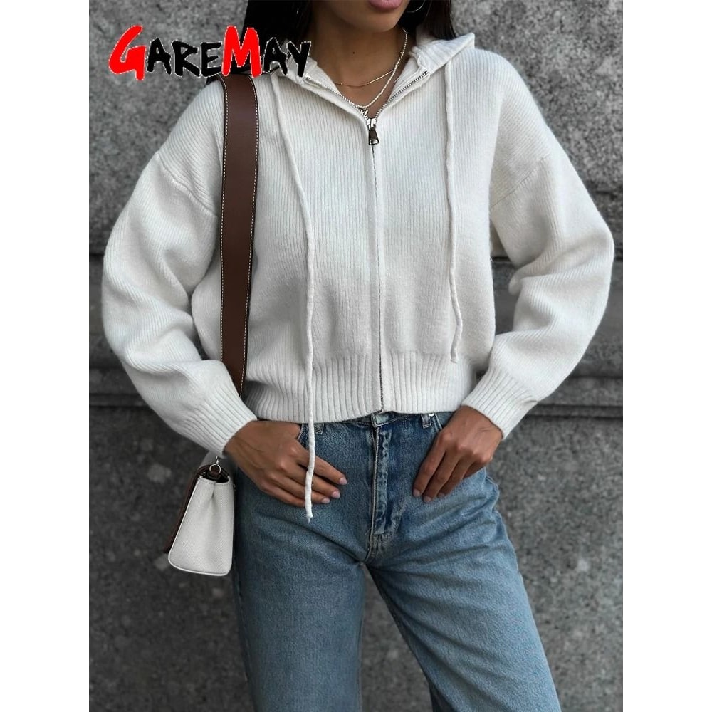 Autumn Hooded Short Cardigan ZipUp Knitted Winter Sweater For Women 4
