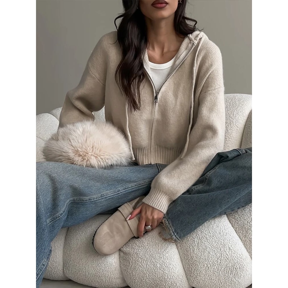 Autumn Hooded Short Cardigan ZipUp Knitted Winter Sweater For Women 7