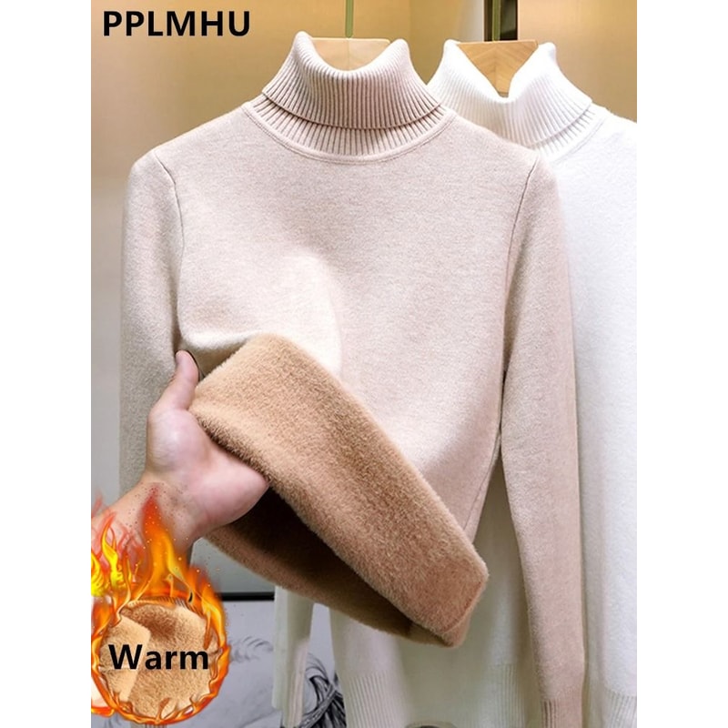 Elegant Thicken VelvetLined Turtleneck Sweater Slim Knit Pullover Warm Winter Jumper 0