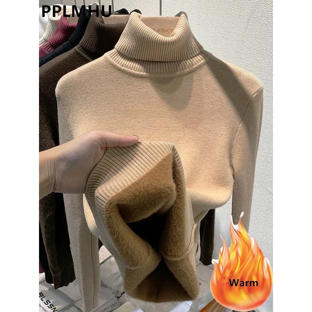 Elegant Thicken VelvetLined Turtleneck Sweater Slim Knit Pullover Warm Winter Jumper 21