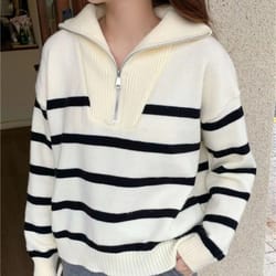 womens premium zipper stripe underlay sweater – short style spring & autumn pullover