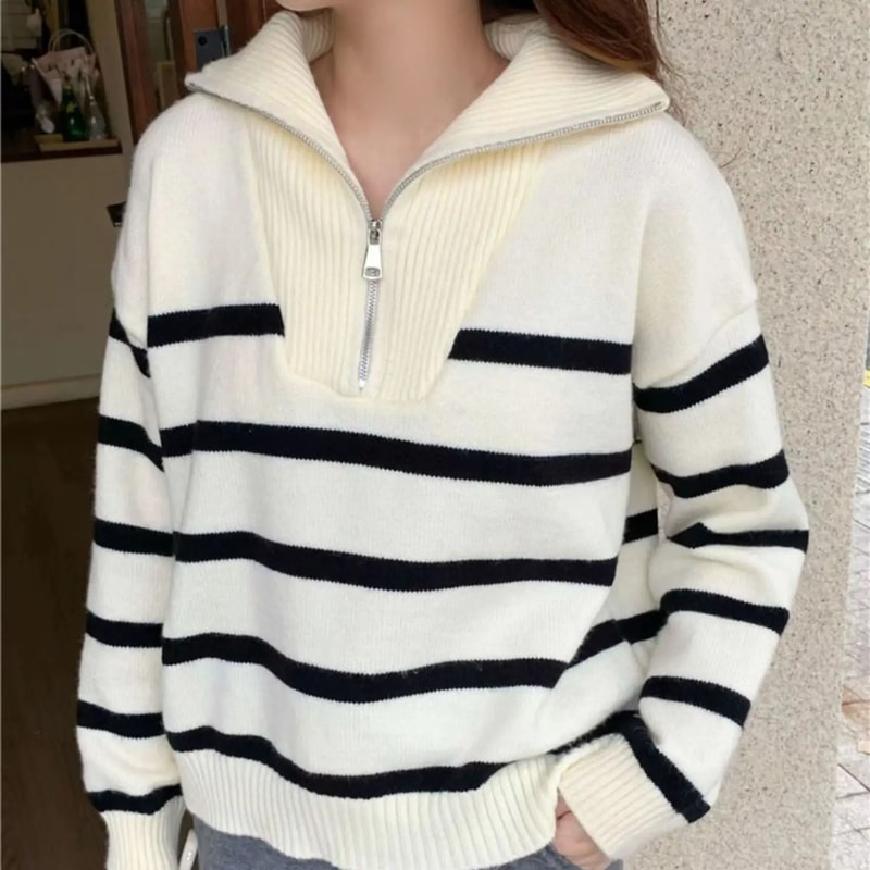 Womens Premium Zipper Stripe Underlay Sweater Short Style Spring Autumn Pullover 0