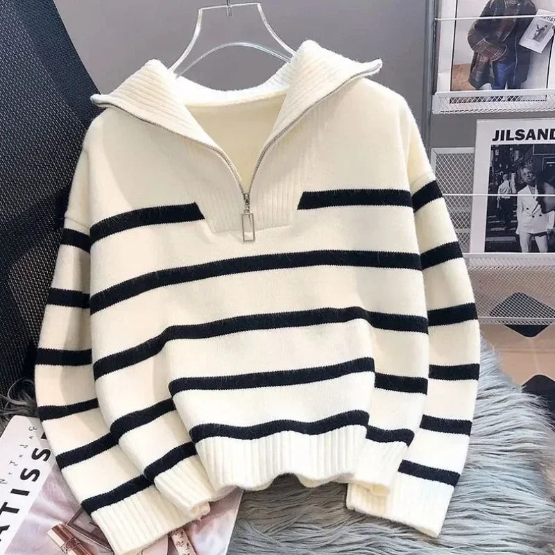 Womens Premium Zipper Stripe Underlay Sweater Short Style Spring Autumn Pullover 1