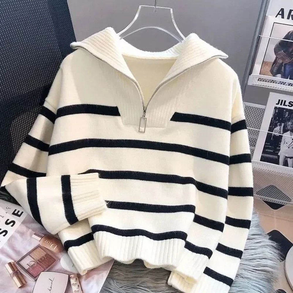 Womens Premium Zipper Stripe Underlay Sweater Short Style Spring Autumn Pullover 2