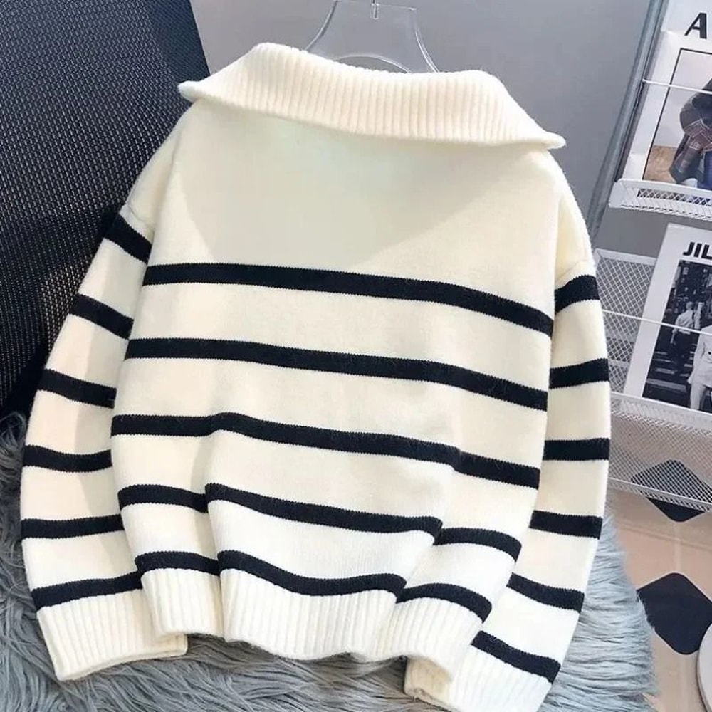 Womens Premium Zipper Stripe Underlay Sweater Short Style Spring Autumn Pullover 3
