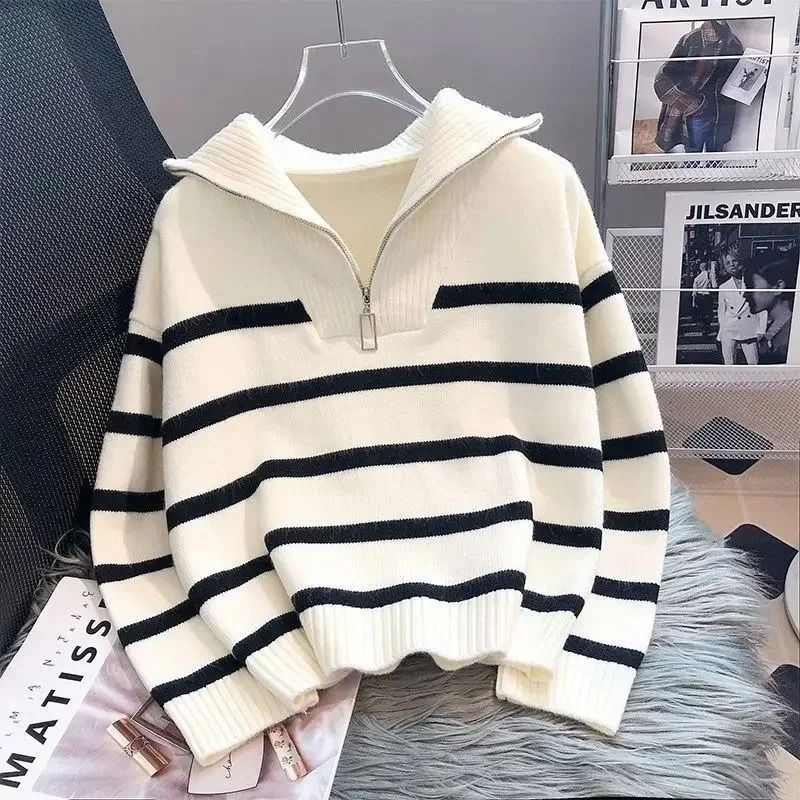 Womens Premium Zipper Stripe Underlay Sweater Short Style Spring Autumn Pullover 4
