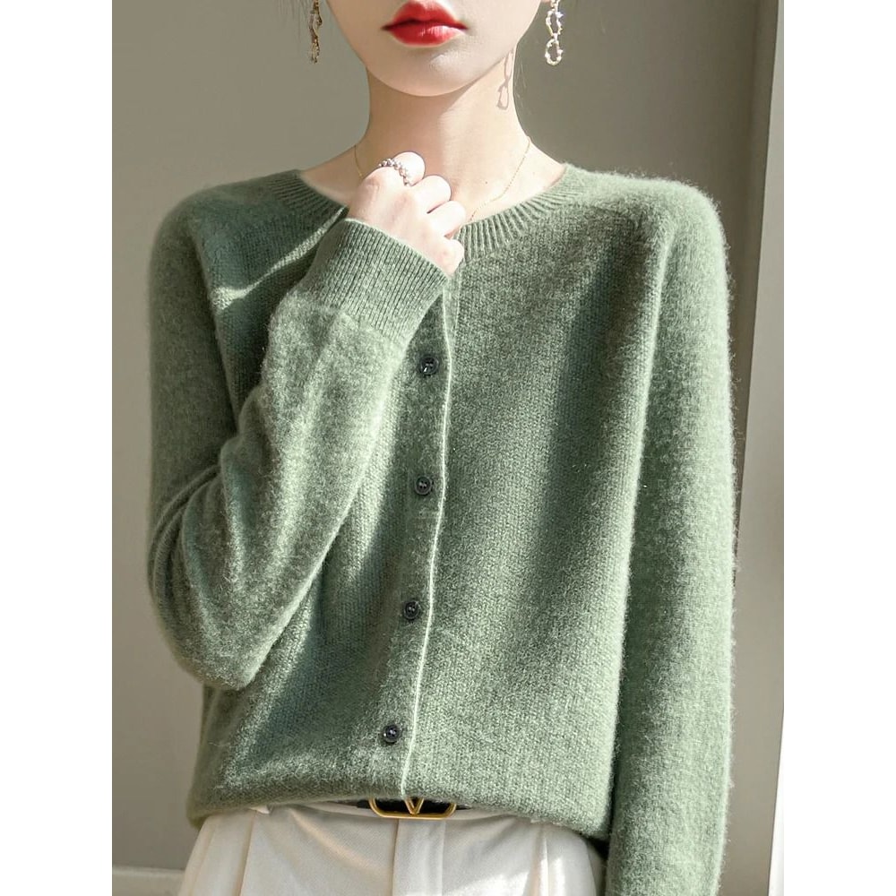 Womens 100 Merino Wool ONeck Cardigan Soft CashmereTouch OL Buttoned Knitwear 7