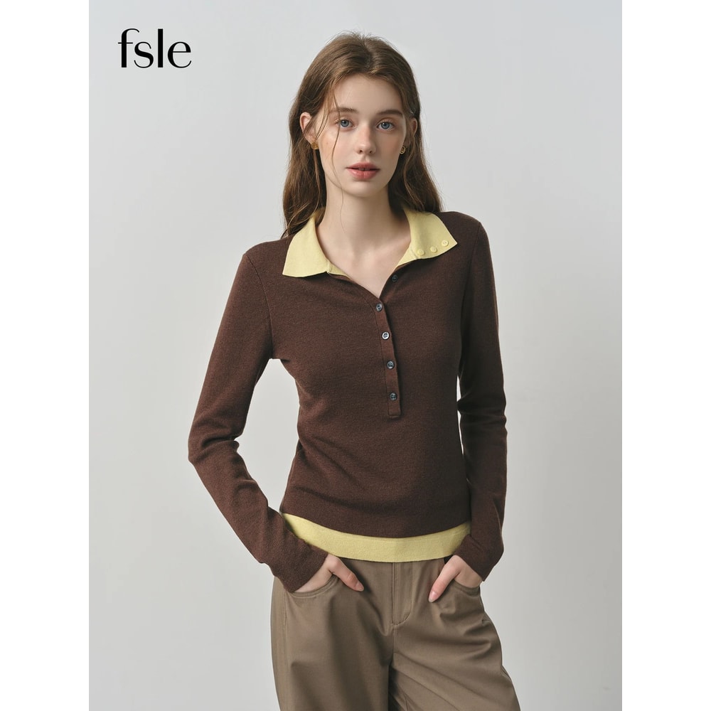 FSLE 2025 Autumn Color Block Knitted Sweater Vintage Fake TwoPiece Turn Collar Cable Knit Top 0