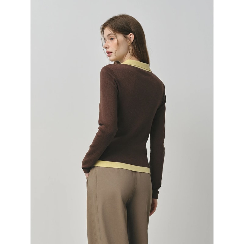 FSLE 2025 Autumn Color Block Knitted Sweater Vintage Fake TwoPiece Turn Collar Cable Knit Top 3