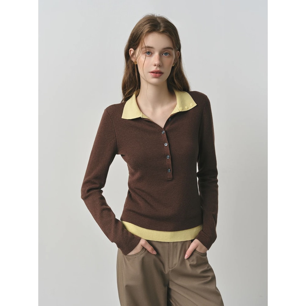 FSLE 2025 Autumn Color Block Knitted Sweater Vintage Fake TwoPiece Turn Collar Cable Knit Top 5