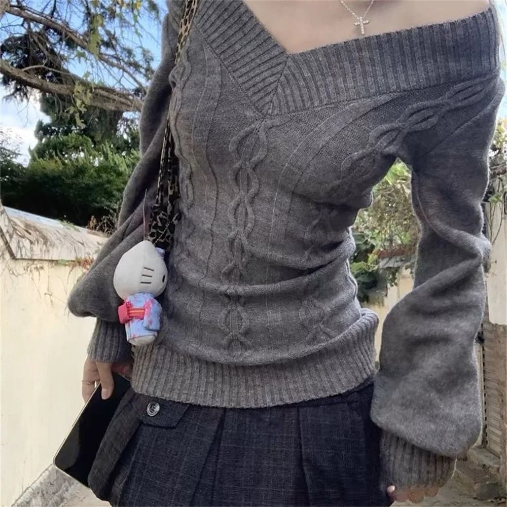 Fashion Vintage VNeck Knitted Top Early Autumn Slim Sexy Gray Pullover Sweater For Women 0
