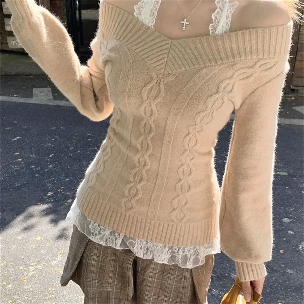 Fashion Vintage VNeck Knitted Top Early Autumn Slim Sexy Gray Pullover Sweater For Women 6