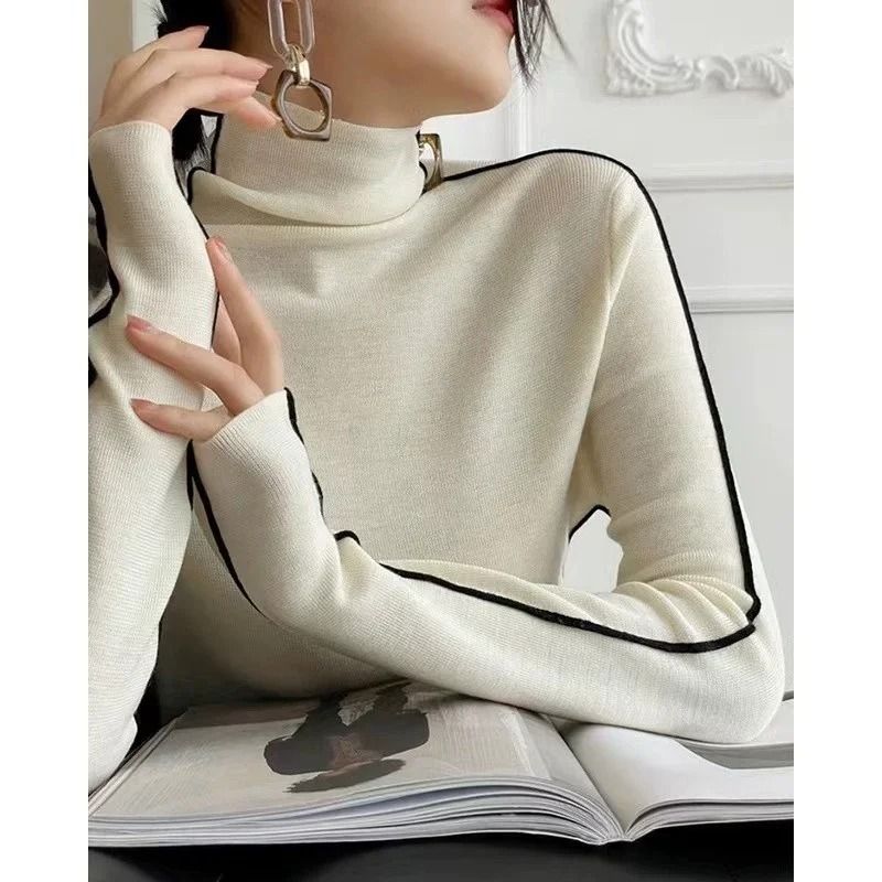 High Neck Knitted Sweater Trendy AutumnWinter Color Blocking Slim Fit Pullover For Women 3