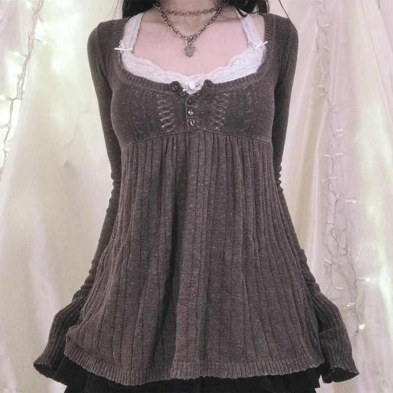 2000s Vintage Long Sleeve Babydoll Knitted Sweater Cottage Milkmaid Y2K Aesthetic Pullover 0