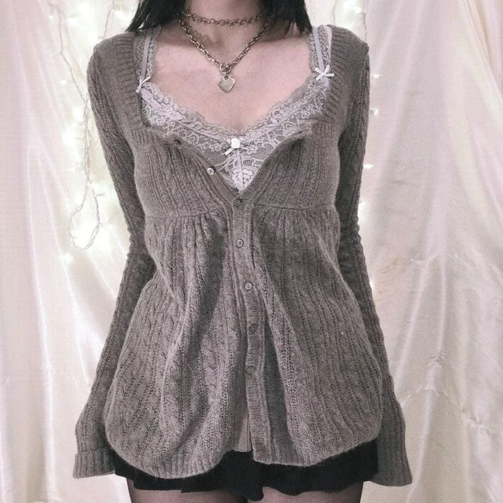 2000s Vintage Long Sleeve Babydoll Knitted Sweater Cottage Milkmaid Y2K Aesthetic Pullover 10