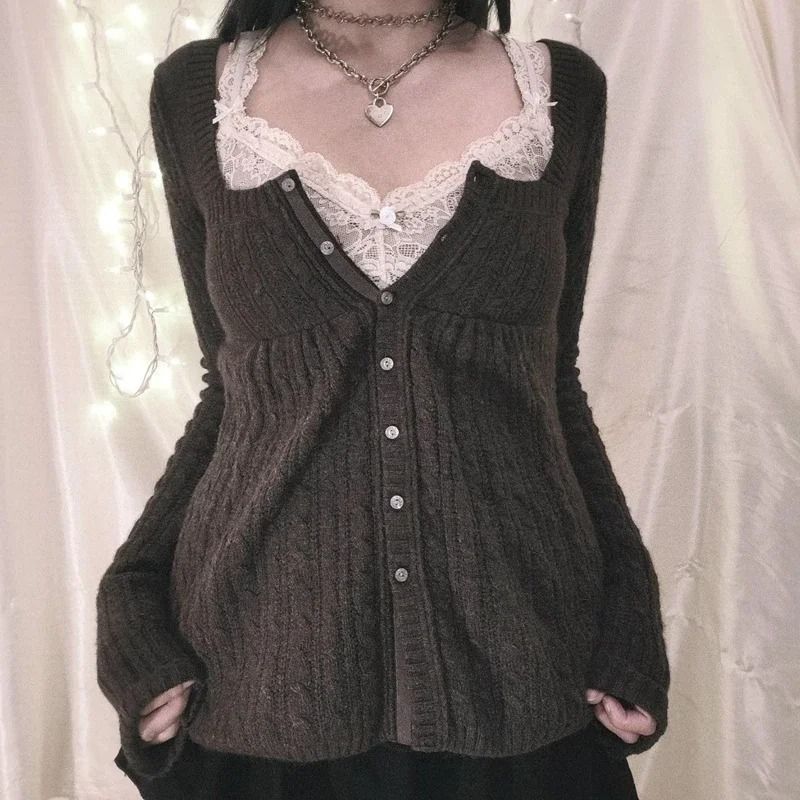 2000s Vintage Long Sleeve Babydoll Knitted Sweater Cottage Milkmaid Y2K Aesthetic Pullover 12