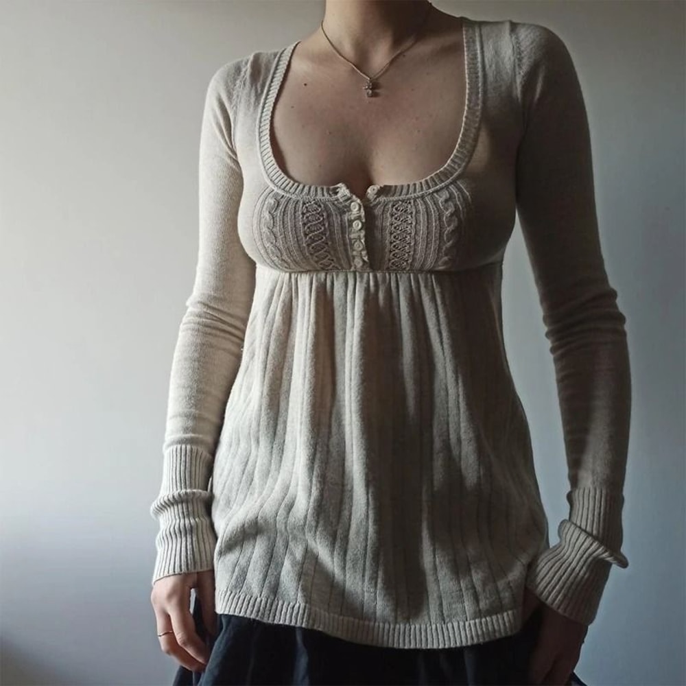 2000s Vintage Long Sleeve Babydoll Knitted Sweater Cottage Milkmaid Y2K Aesthetic Pullover 3