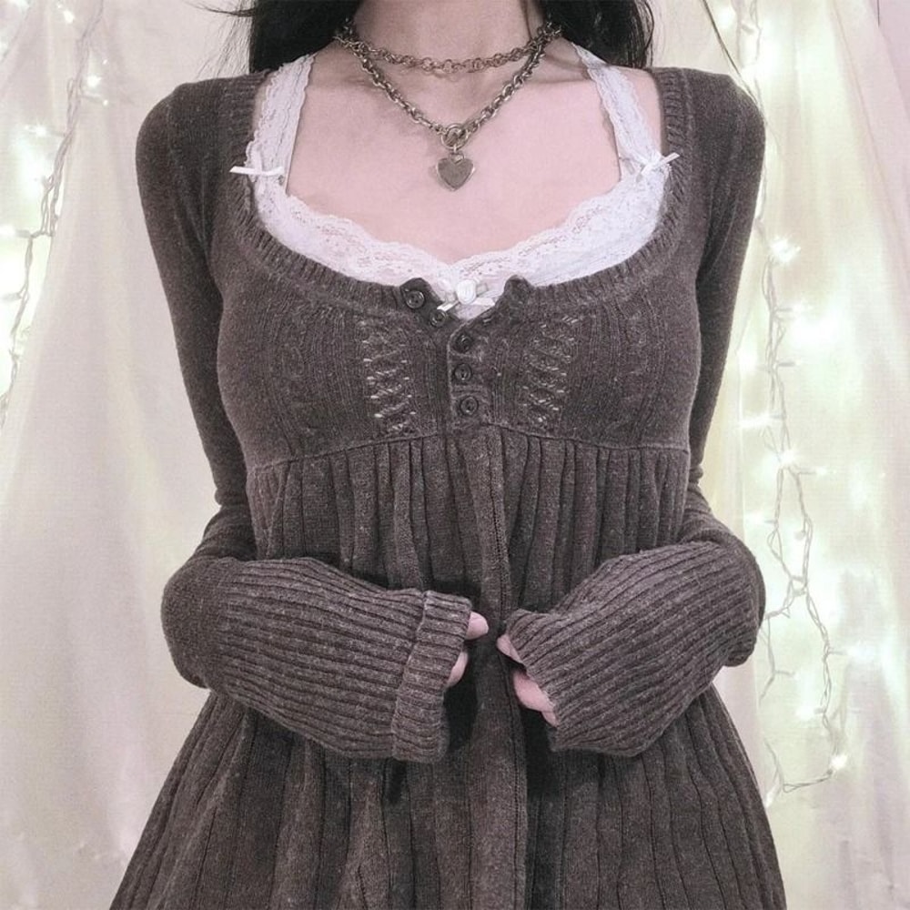 2000s Vintage Long Sleeve Babydoll Knitted Sweater Cottage Milkmaid Y2K Aesthetic Pullover 5