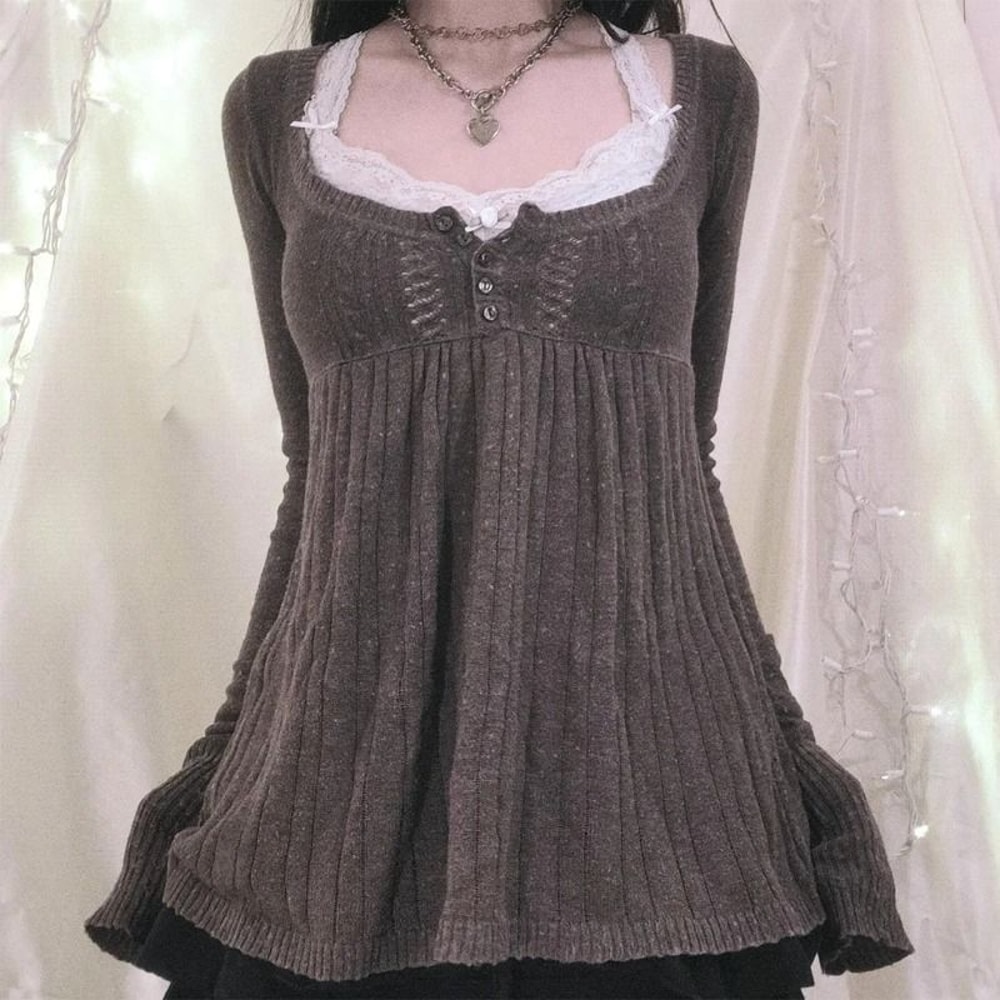 2000s Vintage Long Sleeve Babydoll Knitted Sweater Cottage Milkmaid Y2K Aesthetic Pullover 8