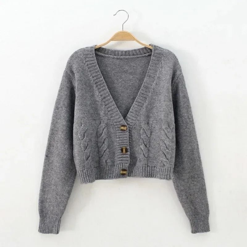 VNeck Cropped Cardigan Korean Fashion Twist Knitted Sweater Coat For Autumn Winter 9