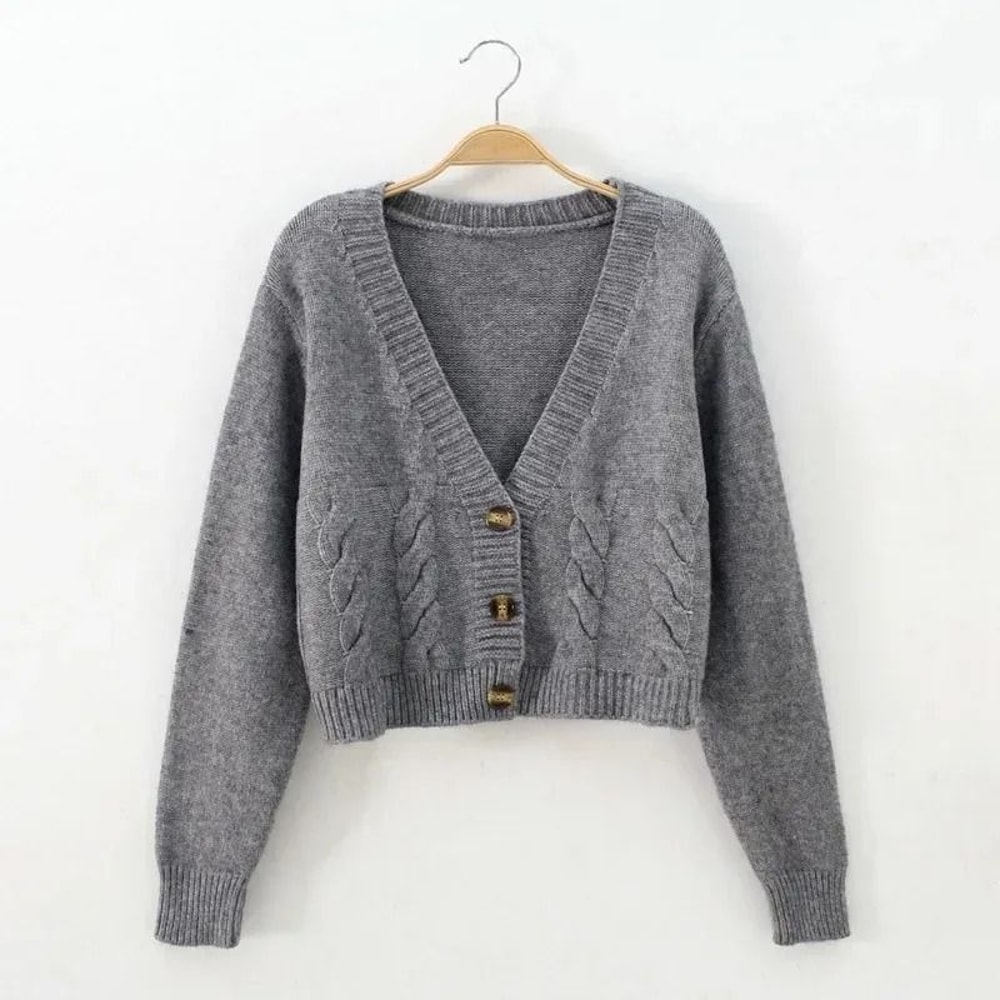 VNeck Cropped Cardigan Korean Fashion Twist Knitted Sweater Coat For Autumn Winter 1