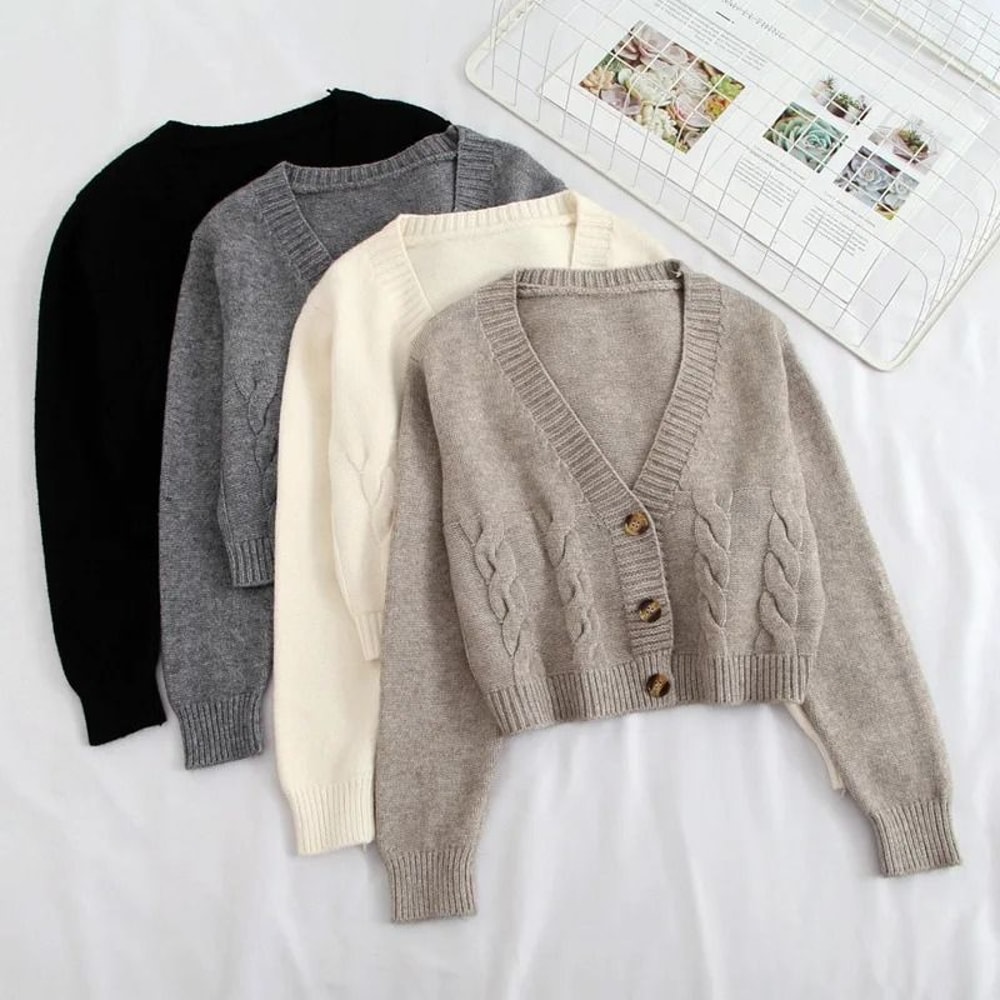 VNeck Cropped Cardigan Korean Fashion Twist Knitted Sweater Coat For Autumn Winter 2