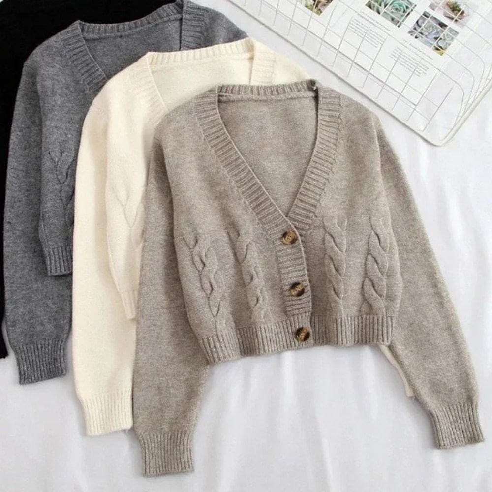 VNeck Cropped Cardigan Korean Fashion Twist Knitted Sweater Coat For Autumn Winter 3