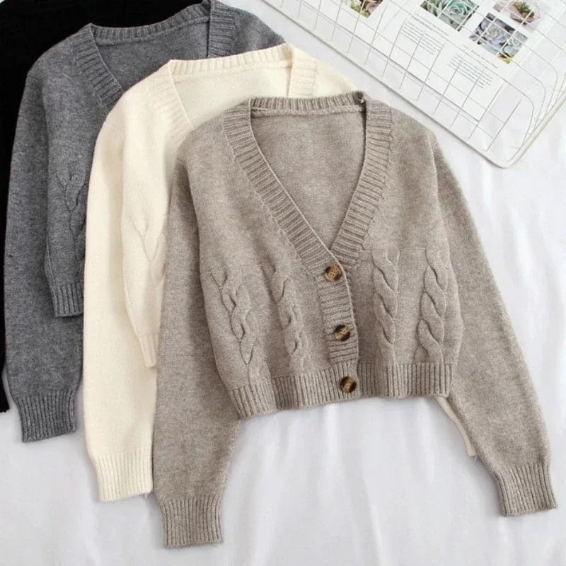 VNeck Cropped Cardigan Korean Fashion Twist Knitted Sweater Coat For Autumn Winter 3
