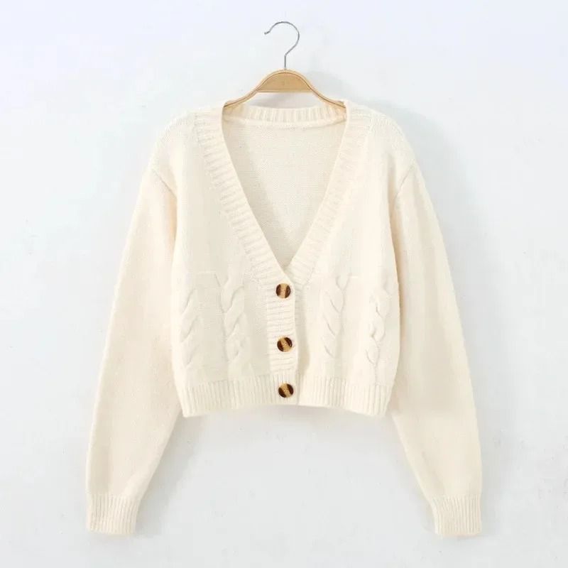VNeck Cropped Cardigan Korean Fashion Twist Knitted Sweater Coat For Autumn Winter 4