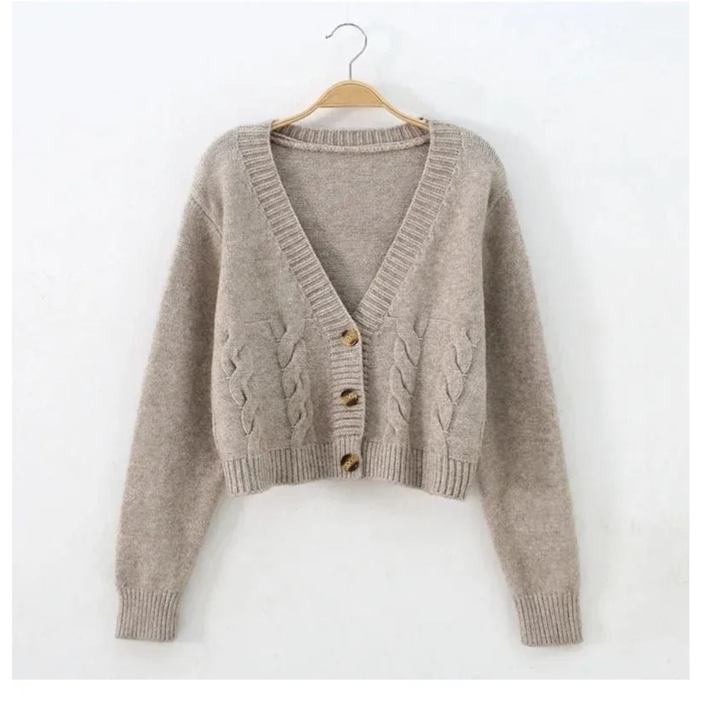 VNeck Cropped Cardigan Korean Fashion Twist Knitted Sweater Coat For Autumn Winter 6