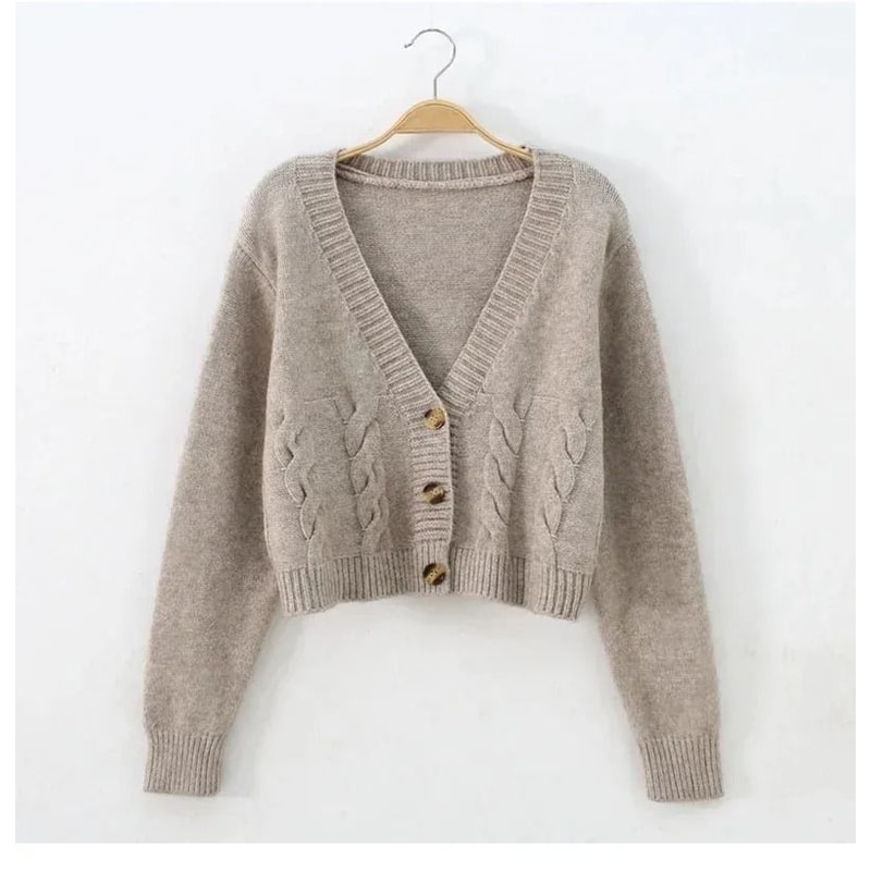 VNeck Cropped Cardigan Korean Fashion Twist Knitted Sweater Coat For Autumn Winter 6