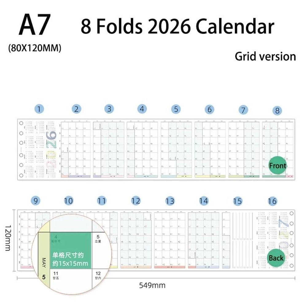 Fromthenon 2026 Colorful Yearly Monthly Planner Refills 8Fold 6Hole Loose Leaf Paper For A6 A7 An 6