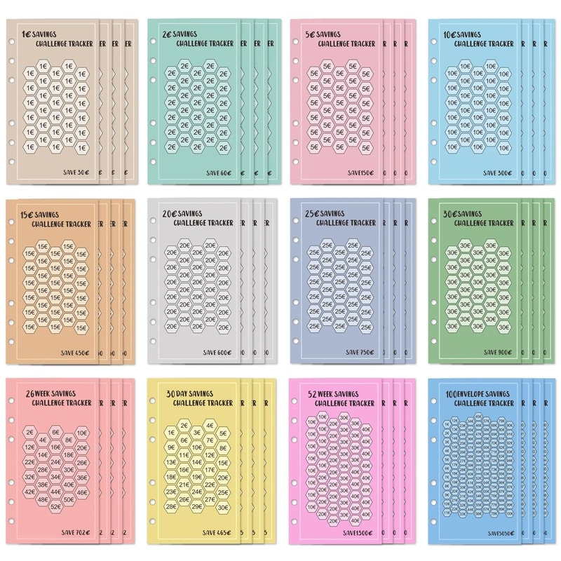 A6 100 Envelopes Money Saving Challenge 52Week 30Day Savings Budget Planner For Euros And USD 6