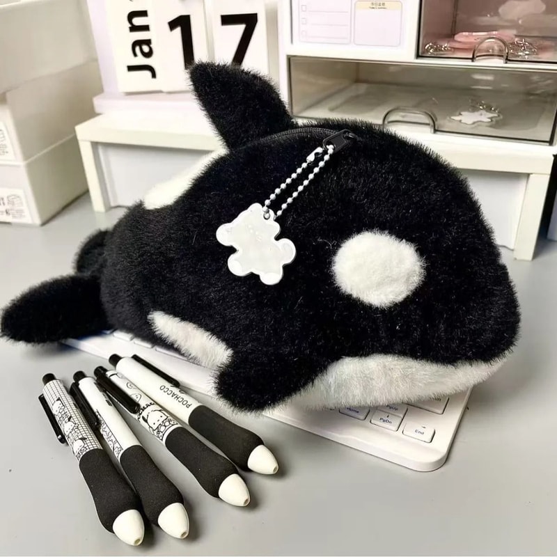 Adorable Killer Whale Plush Pencil Bag Spacious Soft School Supply Organizer Creative Stationery 3