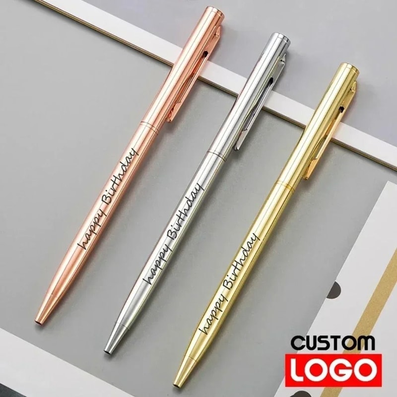 New Slim Rose Gold Metal Ballpoint Pens Custom Engraved Logo Executive Advertising Gift Set 0