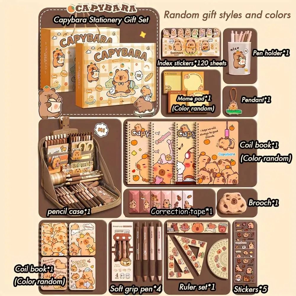 Cute Capybara Stationery Gift Set Deluxe Student Kit With Notebook Pencil Case Soft Grip Pens 5